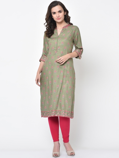 

FLAVIDO Women Olive Green & Pink Printed Straight Kurta