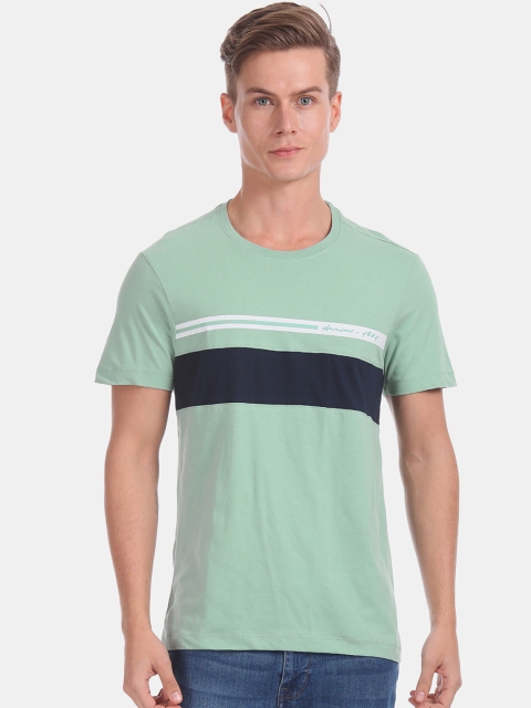 

Arrow Sport Men Mint Green Navy Blue Striped Round Neck Pure Cotton T-shirt