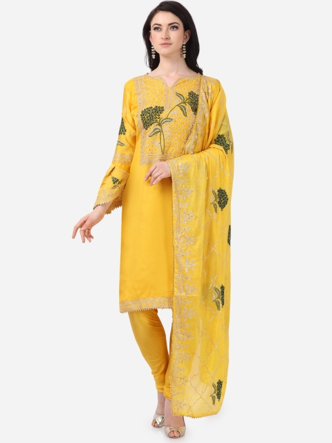 

DIVASTRI Yellow & Green Silk Georgette Embroidered Unstitched Dress Material