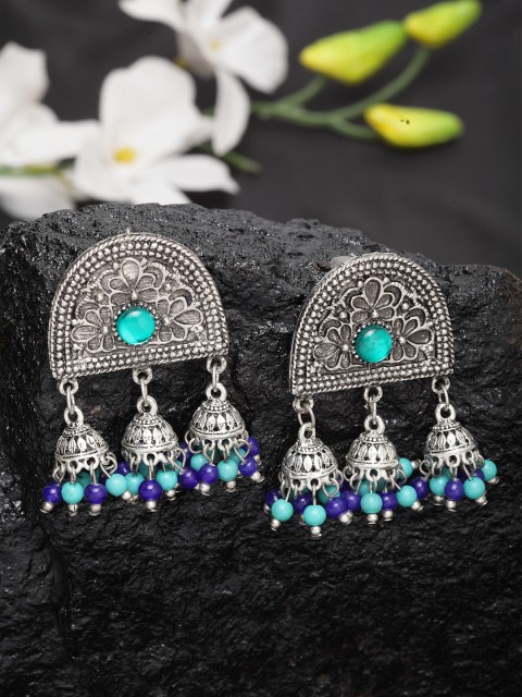 

Moedbuille Silver-Toned & Sea Green Handmade Oxidised Dome Shaped Drop Earrings