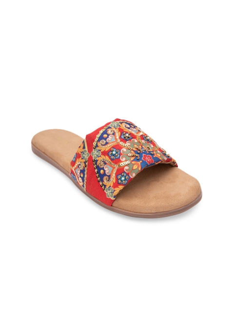 

Jivaana Women Red Embellished Leather Open Toe Flats