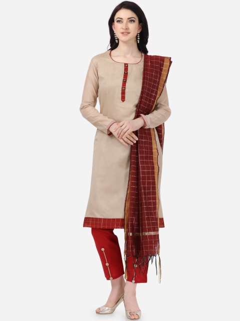 

DIVASTRI Beige & Maroon Poly Silk Unstitched Solid Dress Material