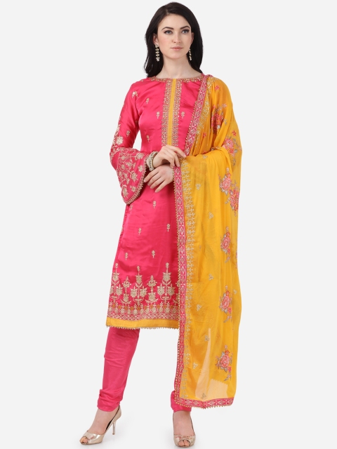 

DIVASTRI Pink & Yellow Silk Georgette Embroidered Unstitched Dress Material