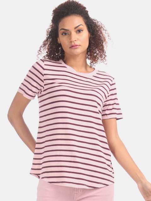 GAP Women Pink & Brown Striped Round Neck T-shirt
