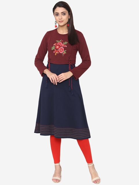 

Laabha Women Maroon & Navy Blue Woollen Colourblocked A-Line Kurta
