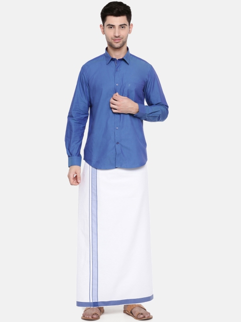 

RAMRAJ COTTON Men Blue & White Solid Shirt with Dhoti