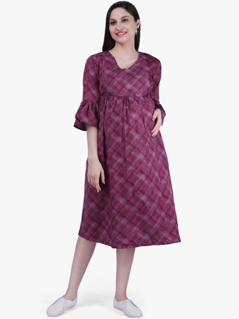 

MomToBe Women Burgundy Checked Maternity Empire Dress