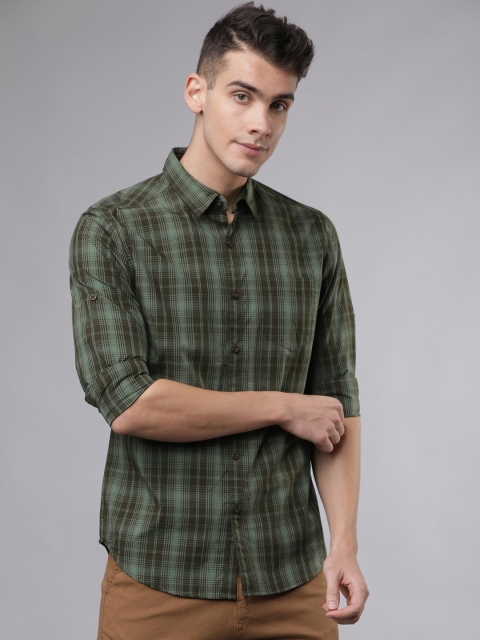 Men Olive Green Slim Fit Checked Casual Shirt