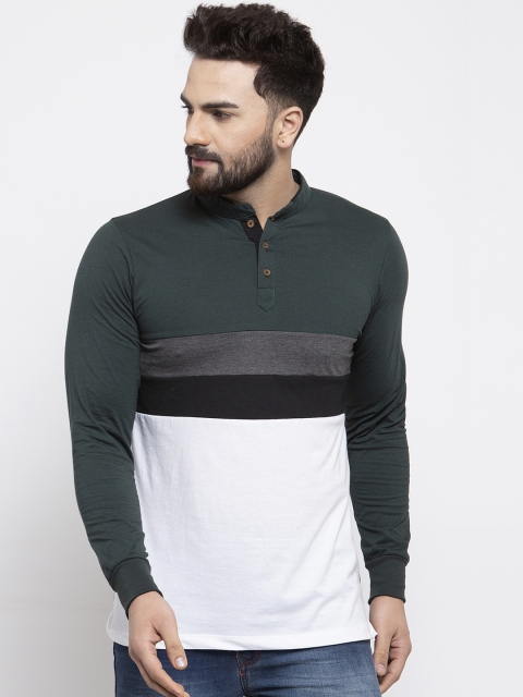 

Kalt Men Green & White Colourblocked Mandarin Collar T-shirt