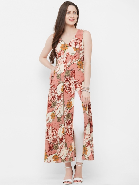 

INDE by MISH Women Peach-Coloured & Beige Floral Printed A-Line Kurta