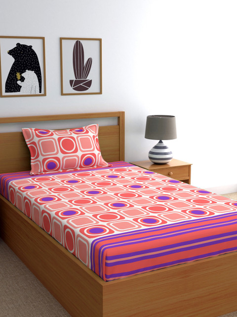 

Home Ecstasy Pink & Blue Geometric 140 TC Cotton 1 Single Bedsheet with 1 Pillow Covers