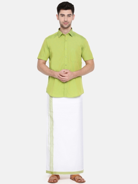 

RAMRAJ COTTON Men Green & White Solid Shirt with Dhoti