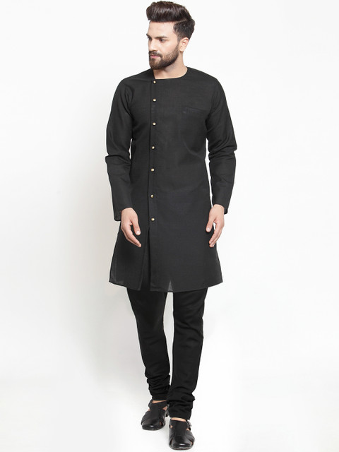 

TREEMODA Men Black Solid Linen Kurta with Churidar