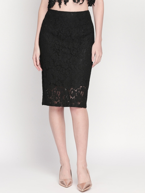 

Forever Glam by Pantaloons Women Black Solid Lace Pencil Knee-Length Skirt
