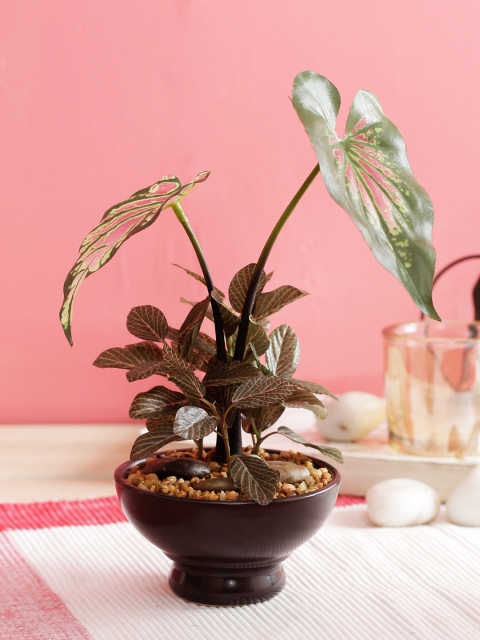 

PolliNation Red Green Artificial Monstera Bonsai With Brown Ceramic Pot, Pink