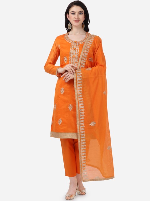 

DIVASTRI Orange & Gold-Coloured Poly Silk Embroidered Unstitched Dress Material