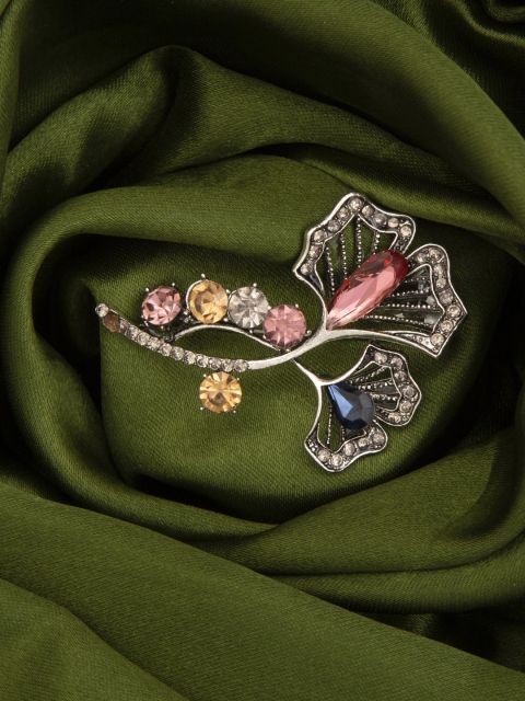 

Mali Fionna Women Silver-Toned & Blue Stone-Studded Floral Brooch