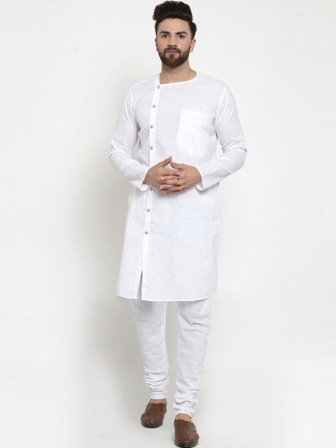 

TREEMODA Men White Solid Linen Kurta with Churidar