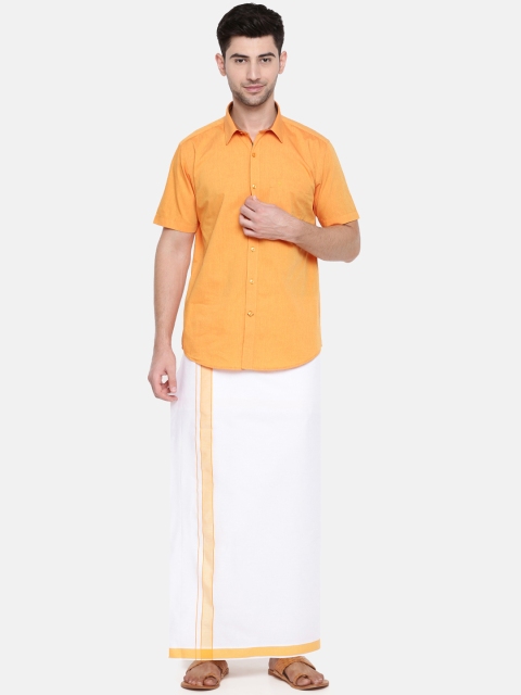

RAMRAJ COTTON Men Orange & White Solid Shirt with Dhoti