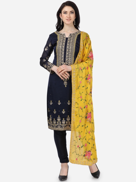 

DIVASTRI Navy Blue & Yellow Silk Georgette Embroidered Unstitched Dress Material