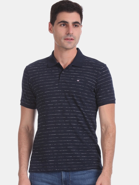 

Arrow Men Navy Blue Striped Polo Collar T-shirt