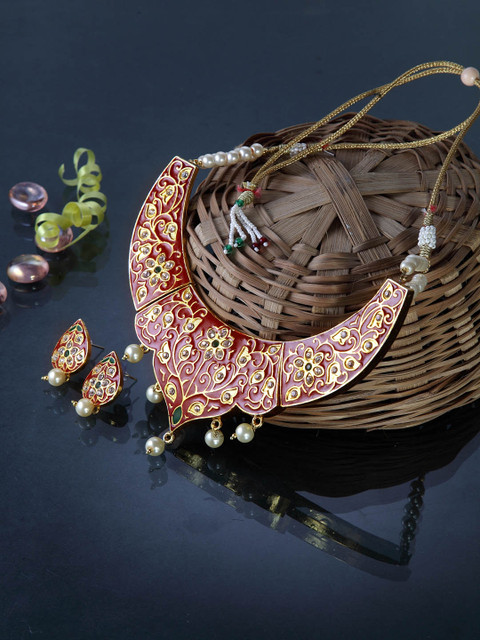 

Moedbuille Gold-Plated Red & White Stone Studded Pearl Encrusted Meenakari Jewellery Set