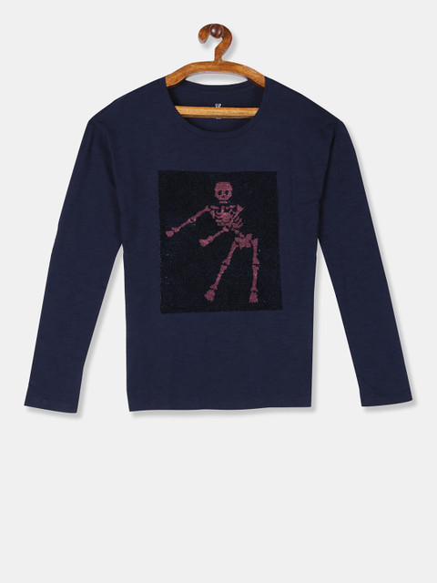 

GAP Girls Navy Blue Halloween Flippy Sequin Graphic Round Neck T-shirt