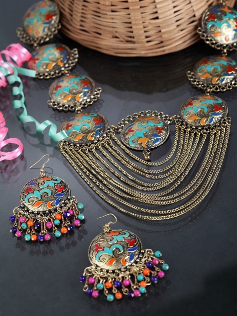 

Moedbuille Gold-Plated Blue & Orange Beaded Meenakari Ethnic Jewellery Set