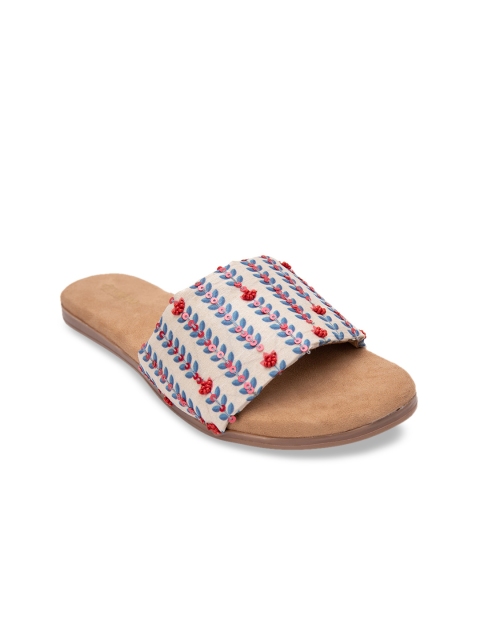 

Jivaana Women Off-White Embellished Leather Open Toe Flats