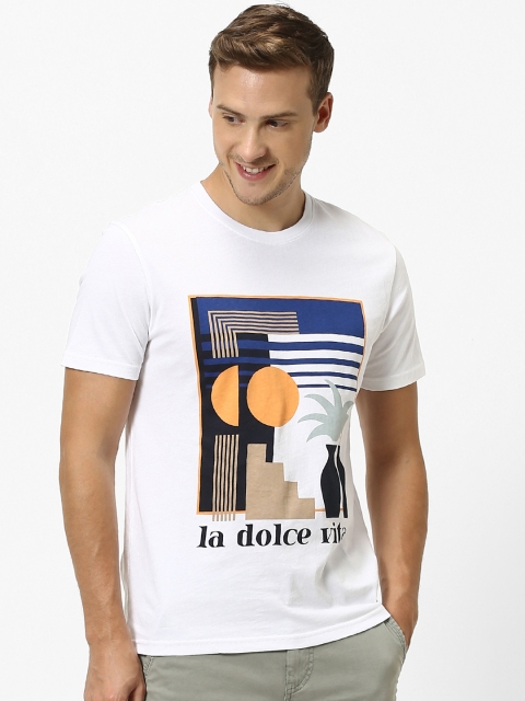 Men White Printed Round Neck Pure Cotton T-shirt