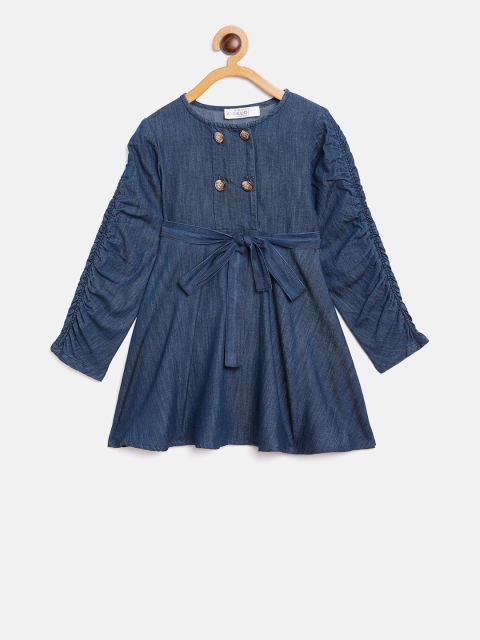 

KIDKLO Girls Navy Blue Solid Fit and Flare Denim Dress