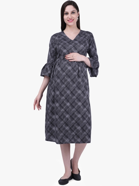 

MomToBe Women Grey Checked Maternity Empire Dress
