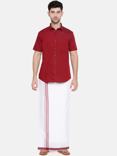 

RAMRAJ COTTON Men Maroon & White Solid Shirt with Dhoti