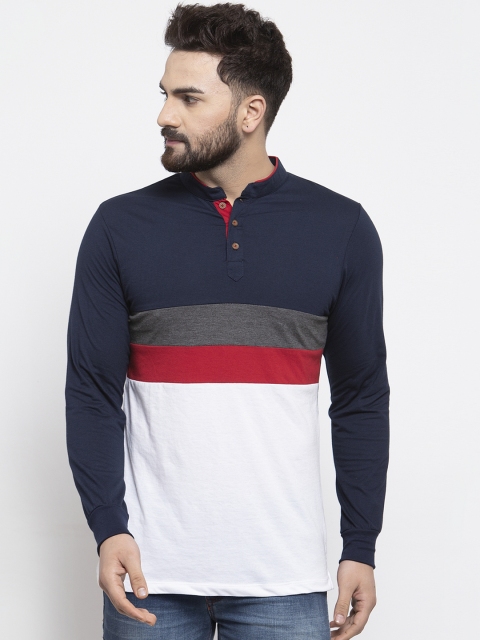 

Kalt Men Navy Blue & White Colourblocked Mandarin Collar T-shirt