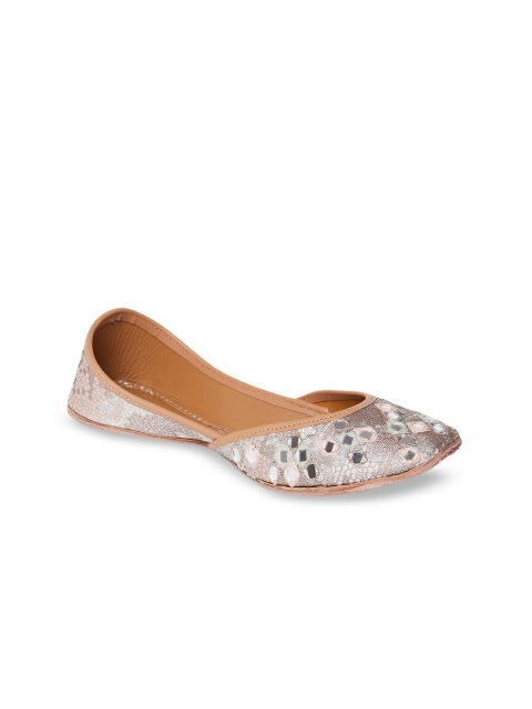 

Coral Haze Women Peach-Coloured & Grey Embellished Mojaris