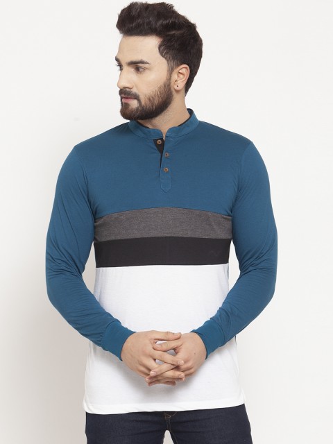 

Kalt Men Teal Blue & White Colourblocked Mandarin Collar T-shirt