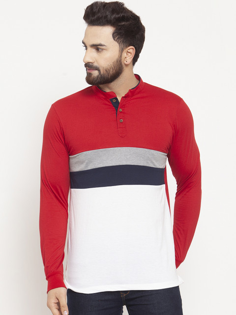 

Kalt Men Red & White Colourblocked Mandarin Collar T-shirt