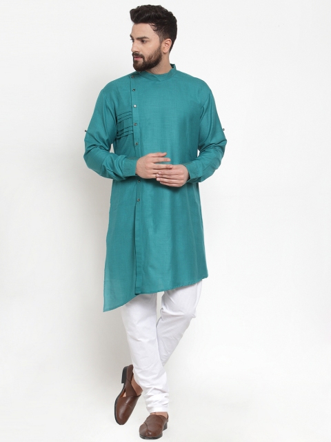 

TREEMODA Men Sea Green Solid Linen Kurta with Churidar