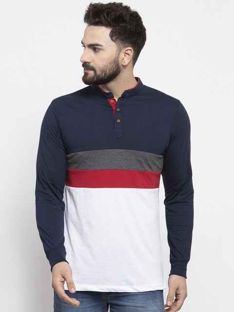 

Kalt Men Navy Blue & White Colourblocked Mandarin Collar T-shirt