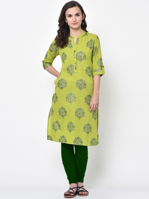 

FLAVIDO Women Lime Green Printed Straight Kurta