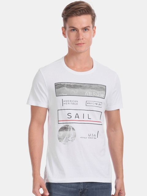 

Arrow Sport Men White Printed Round Neck Pure Cotton T-shirt