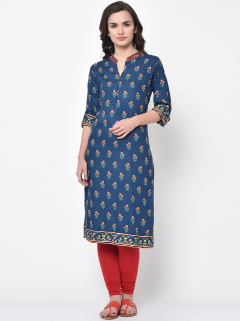 

FLAVIDO Women Blue & Orange Printed Straight Kurta