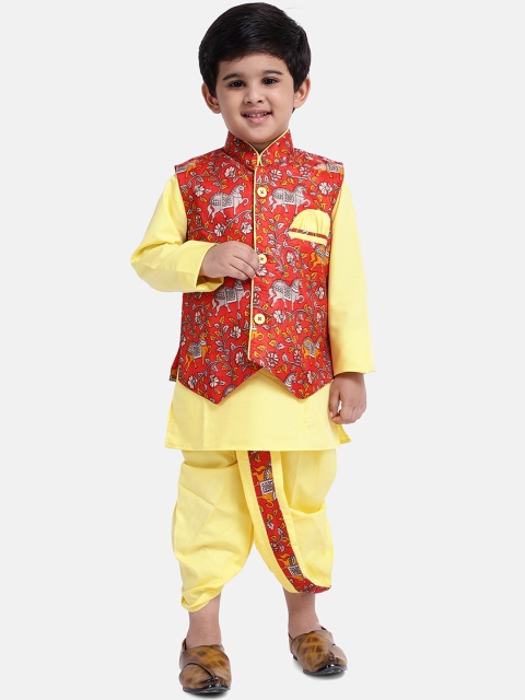 

BownBee Boys Yellow & Red Printed Kurta with Dhoti Pants & Nehru Jacket