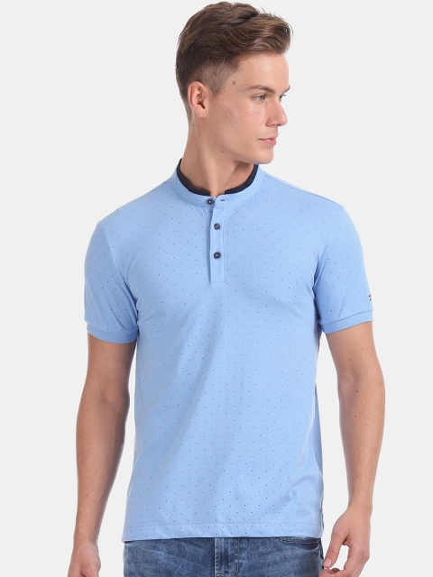 Arrow Sport Men Blue Printed Mandarin Collar T-shirt