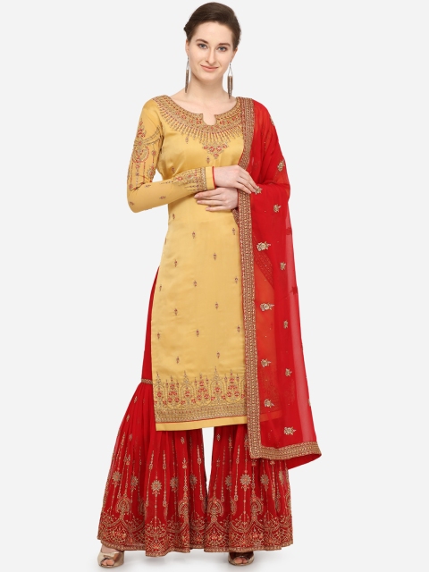 

Stylee LIFESTYLE Yellow & Red Embroidered Semi-Stitched Dress Material