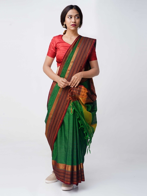 

Unnati Silks Green & Red Pure Cotton Solid Narayan Peth Saree