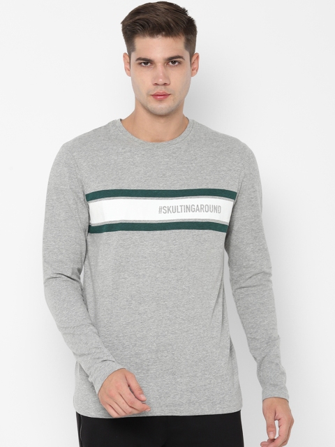 

SKULT by Shahid Kapoor Men Grey Melange Striped Round Neck T-shirt