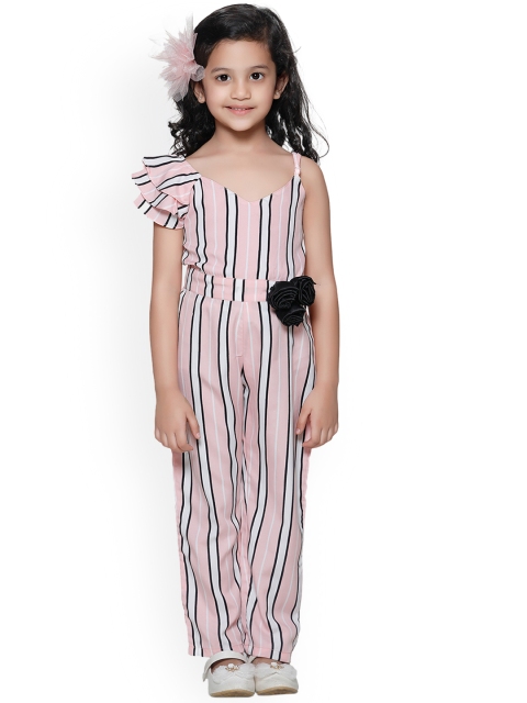 

LilPicks Girls Pink Striped Basic Jumpsuit