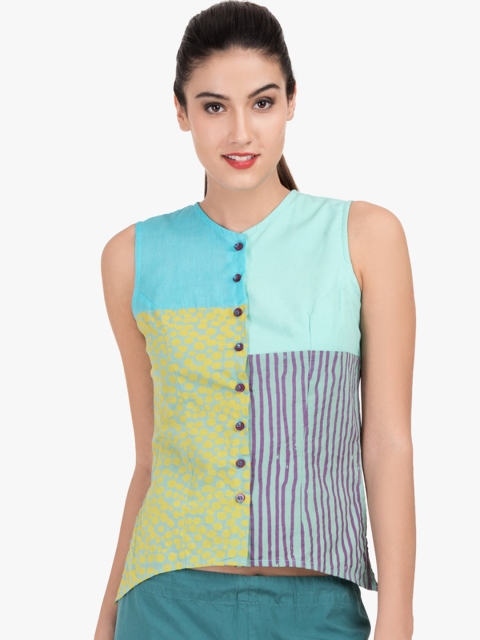 

GRASS by Gitika Goyal Women Blue & Yellow Colourblocked Top