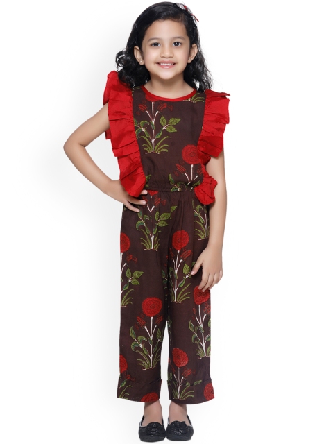 

LilPicks Girls Brown Printed Basic Jumpsuit